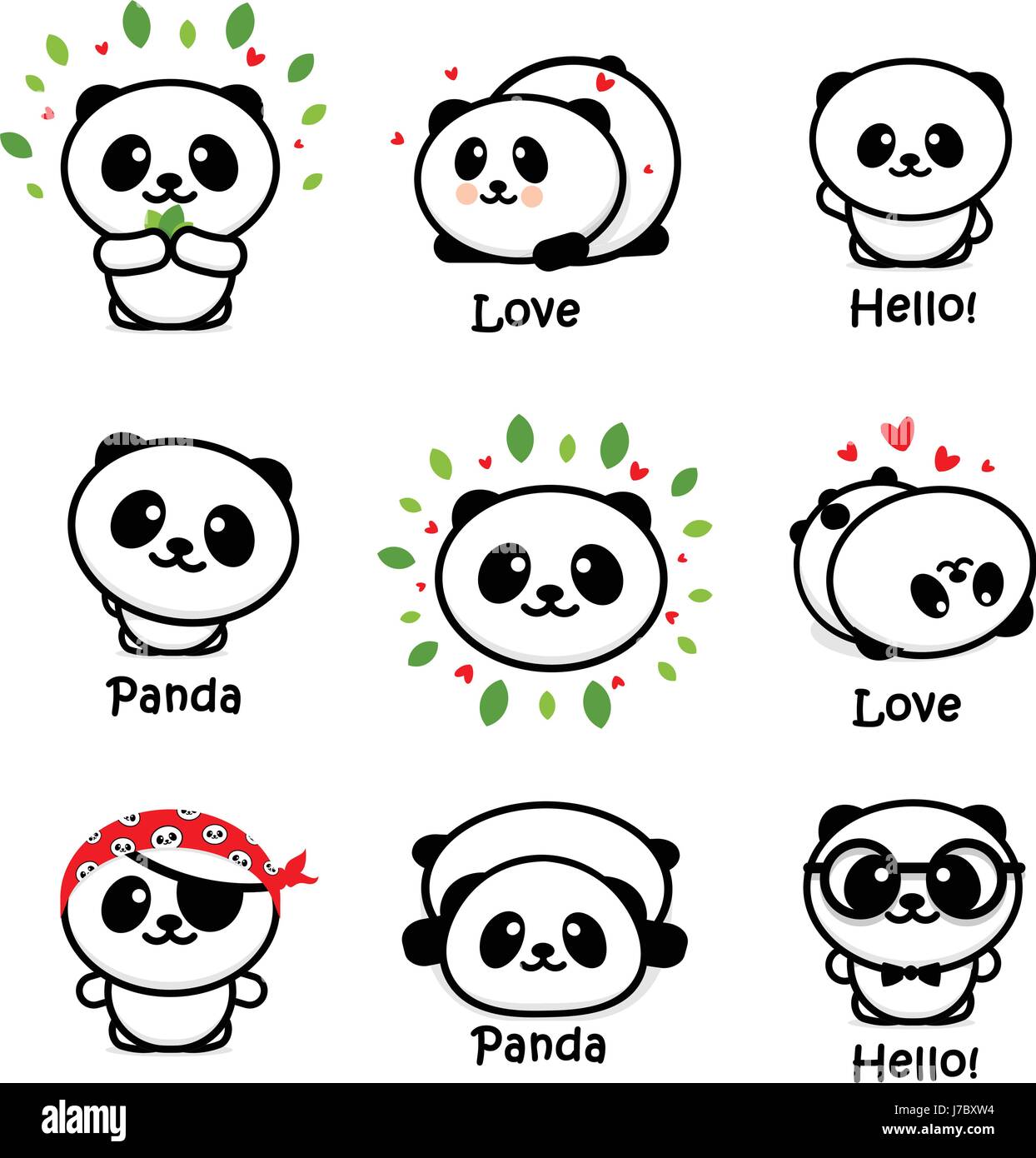 Süße asiatische Pandabär Vektor-Illustrationen, Sammlung von chinesischen Tiere einfach Logo-Elemente, schwarz / weiß-Symbole Stock Vektor