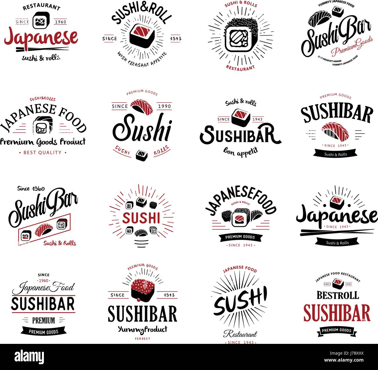 Eine große Menge von Vektor-Logos und Embleme für Restaurants der japanischen Küche im retro-Stil mit Schriftzügen und Symbolen und die Form der Sushi, Roll, Stäbchen, Bänder und Strahlen. Label und Illustration Gruppe. Stock Vektor