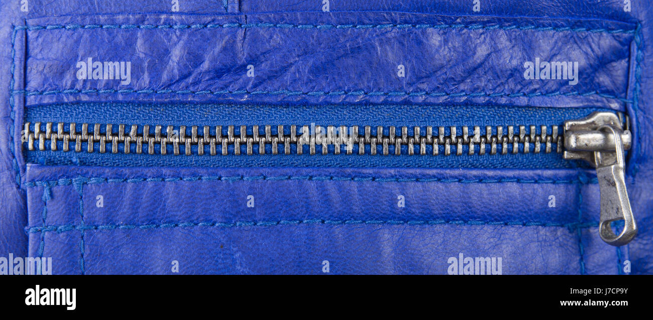 blaue Leder gemalt dunkle Reißverschluss schließen Sie natürliche blaue Makro Nahaufnahme Makro Aufnahme Stockfoto