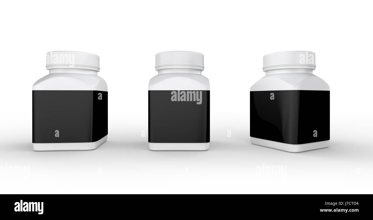 Weiße Kunststoff-Flasche mit schwarzem Etikett Verpackung, Clipping-Pfad enthalten. für Ärzte und medizinisches Produkt. Stockfoto