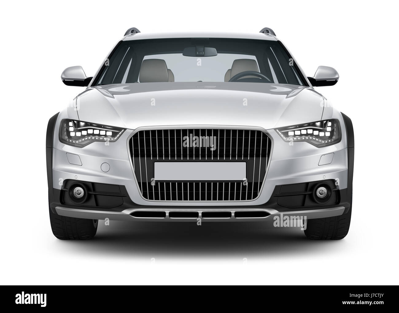 Silberne Auto auf weißem Hintergrund - Vorderansicht Stockfoto