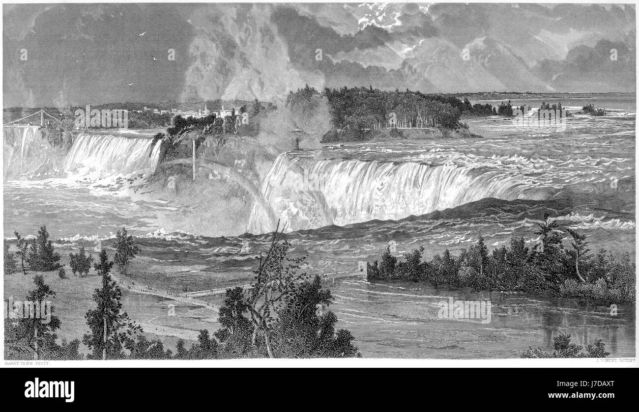 Eine Gravur von Niagara Falls mit hoher Auflösung aus einem Buch gescannt gedruckt im Jahre 1872.  Kostenlos copyright geglaubt. Stockfoto