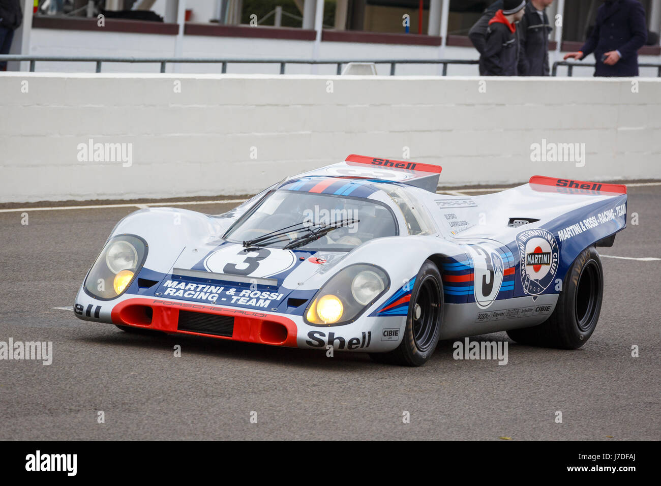 1970-Porsche 917K Gruppe 5-Auto mit Fahrer C. d ' Ansembourg bei Goodwood GRRC 74. Mitgliederversammlung, Sussex, UK. Stockfoto