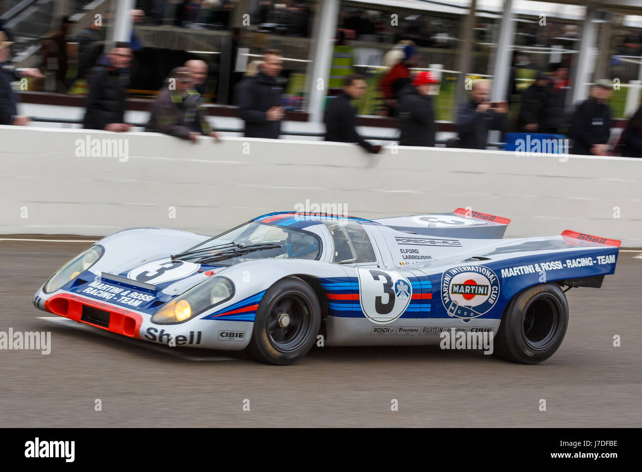 1970-Porsche 917K Gruppe 5-Auto mit Fahrer C. d ' Ansembourg bei Goodwood GRRC 74. Mitgliederversammlung, Sussex, UK. Stockfoto