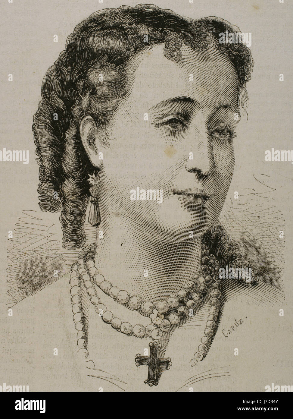 Eugenie de Montijo (1826 – 1920), 16. Gräfin von Teba, 15. Marquise von Ardales (1826-1920). Letzte Kaiserin Gemahl von den Franzosen (1853-1871), als die Ehefrau von Napoleon III, Kaiser der Franzosen. Porträt. Kupferstich von Capuz. "La Ilustracion Espanola y Americana", 1870. Stockfoto