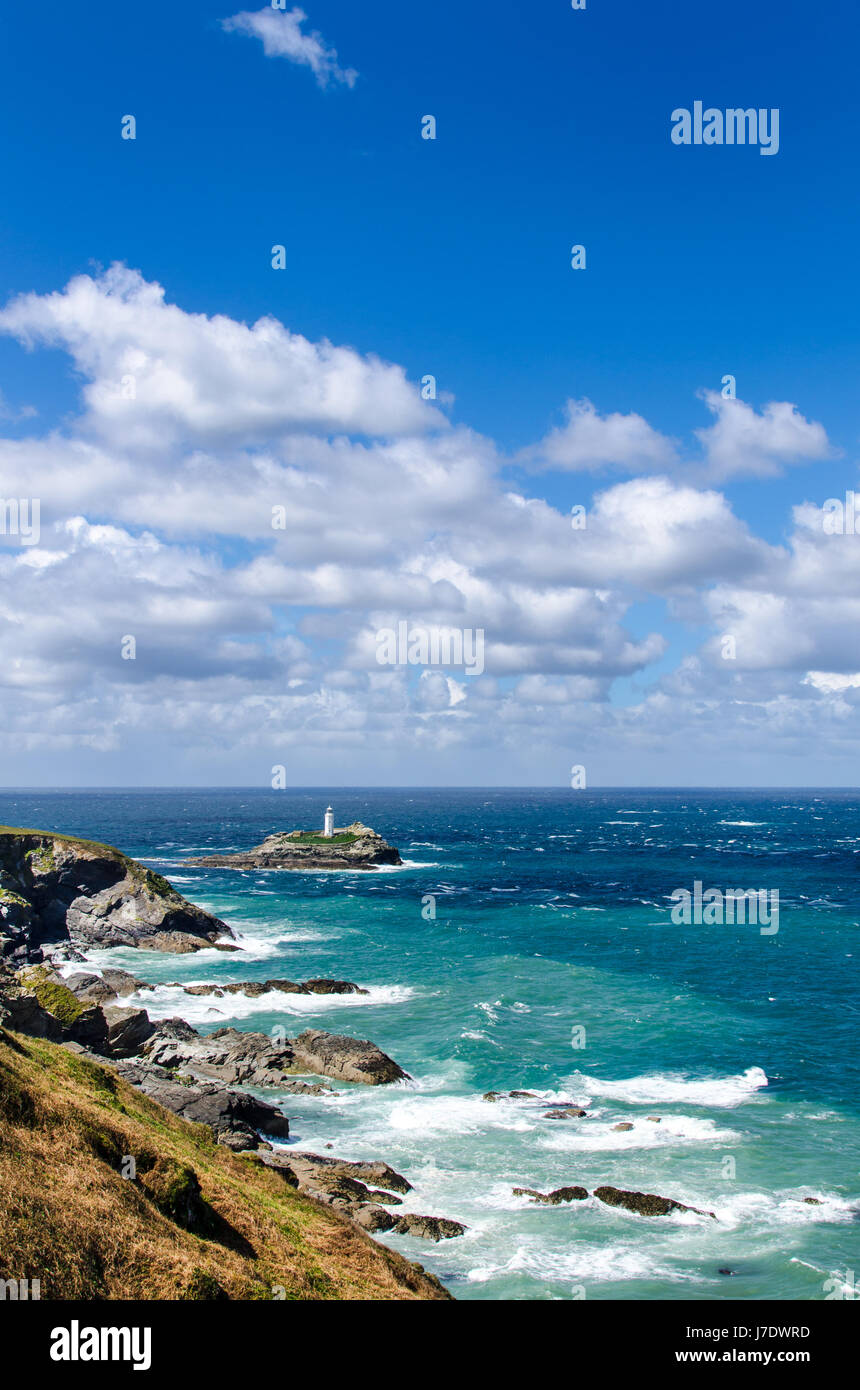 Godrevy Point und Insel von Navax Punkt betrachtet. Cornwall, UK. Stockfoto