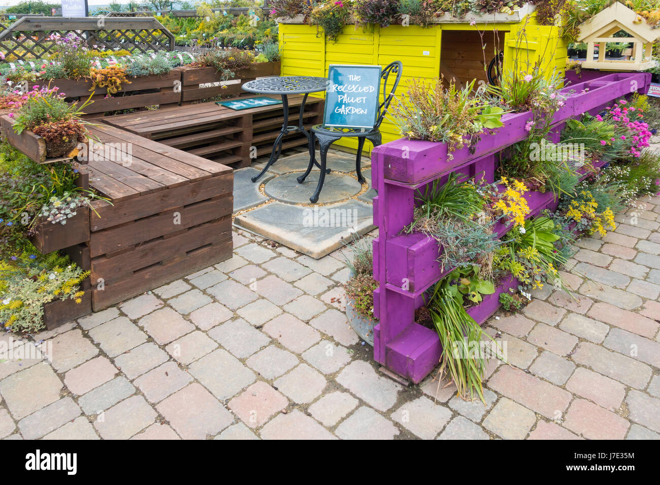 Ein Recycling Palettendisplay in ein Gartencenter mit Möbeln aus ausrangierten Holzpaletten Stockfoto
