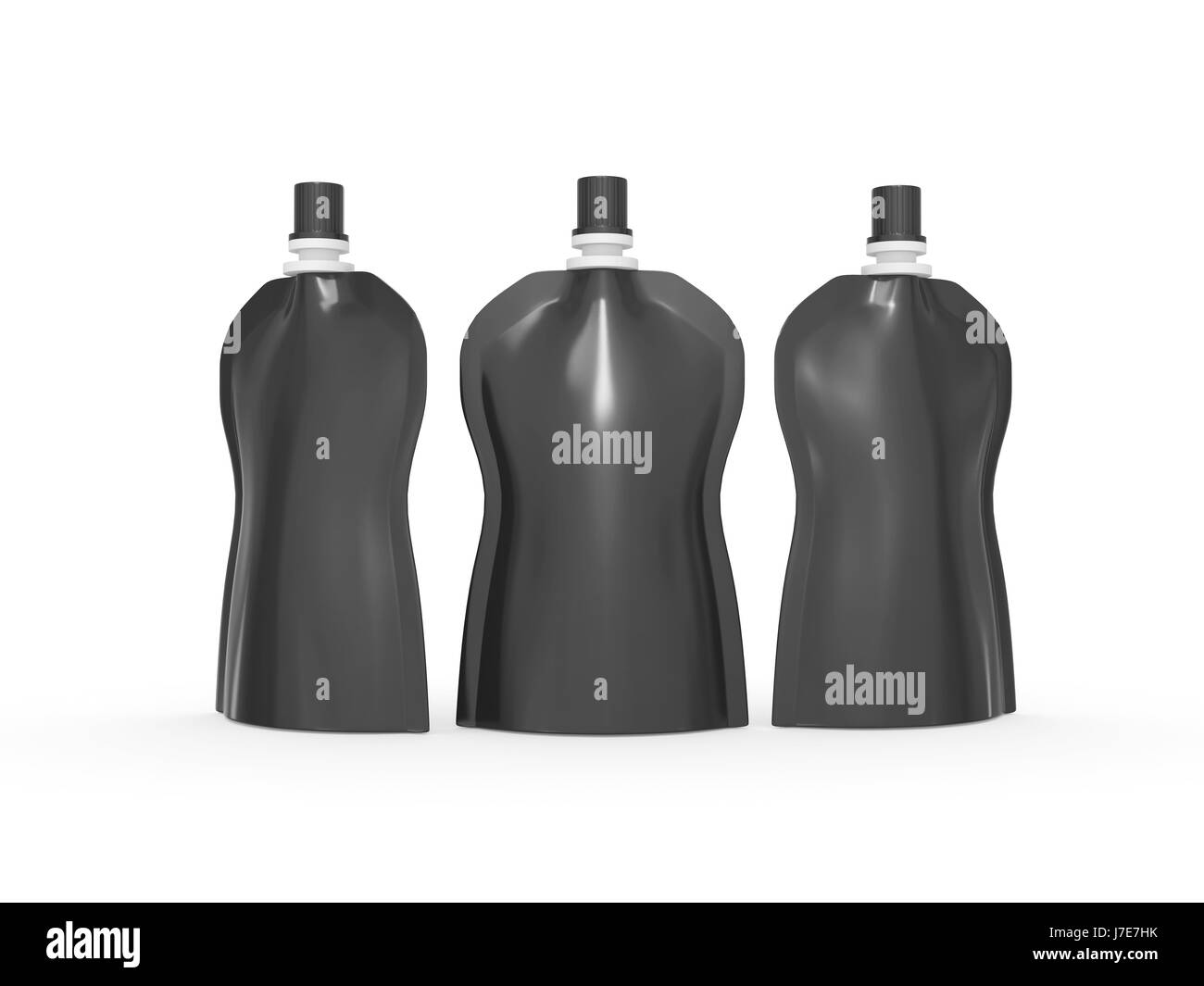 Schwarze leere aufstehen Kurve Tasche Verpacken mit Auslauf Deckel, Schneidepfad enthalten. Kunststoff-Pack für flüssige Produkte wie Fruchtsäfte, Milch, Jel mock Stockfoto