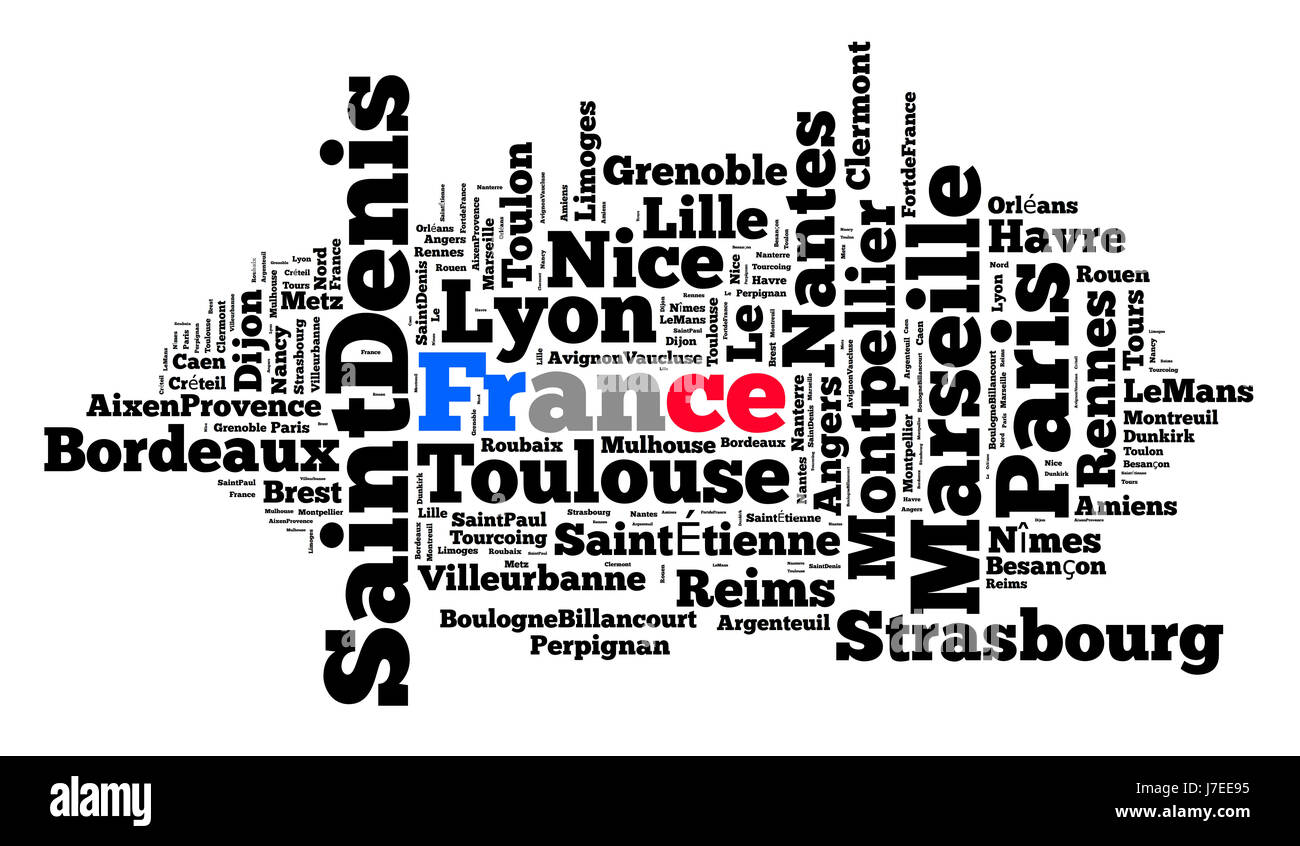 Ortschaften in Frankreich Word Cloud-Konzept Stockfoto