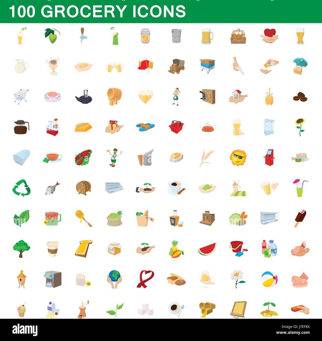 100 Lebensmittel Icons set, cartoon-Stil Stock Vektor