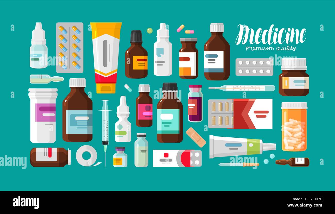 Medizin, Apotheke, Krankenhaus-Satz von Medikamenten mit Etiketten. Medikamente, Pharmazie-Konzept. Vektor-illustration Stock Vektor