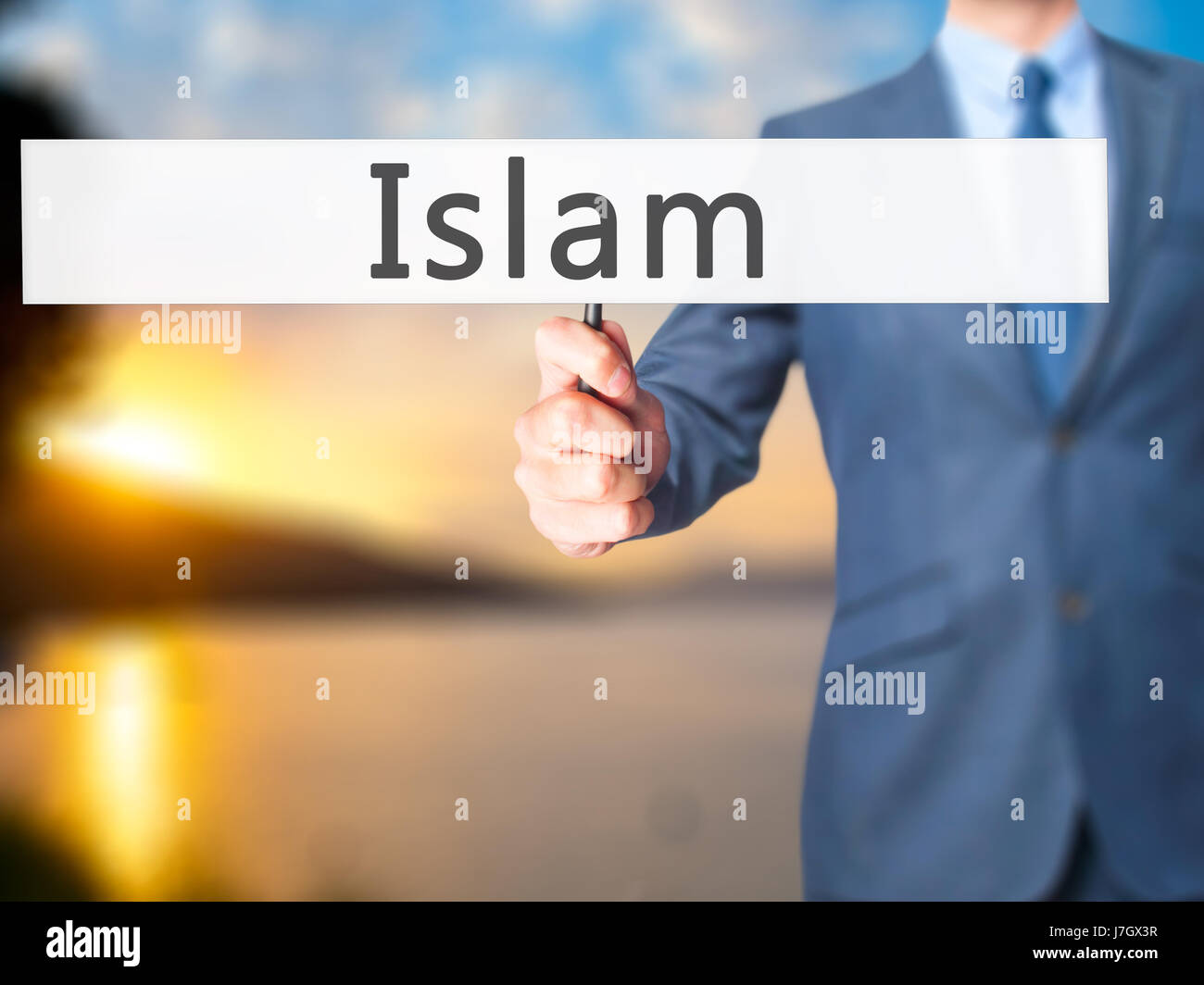 Islam - Geschäftsmann Hand mit Schild. Wirtschaft, Technologie, Internet-Konzept. Stock Foto Stockfoto