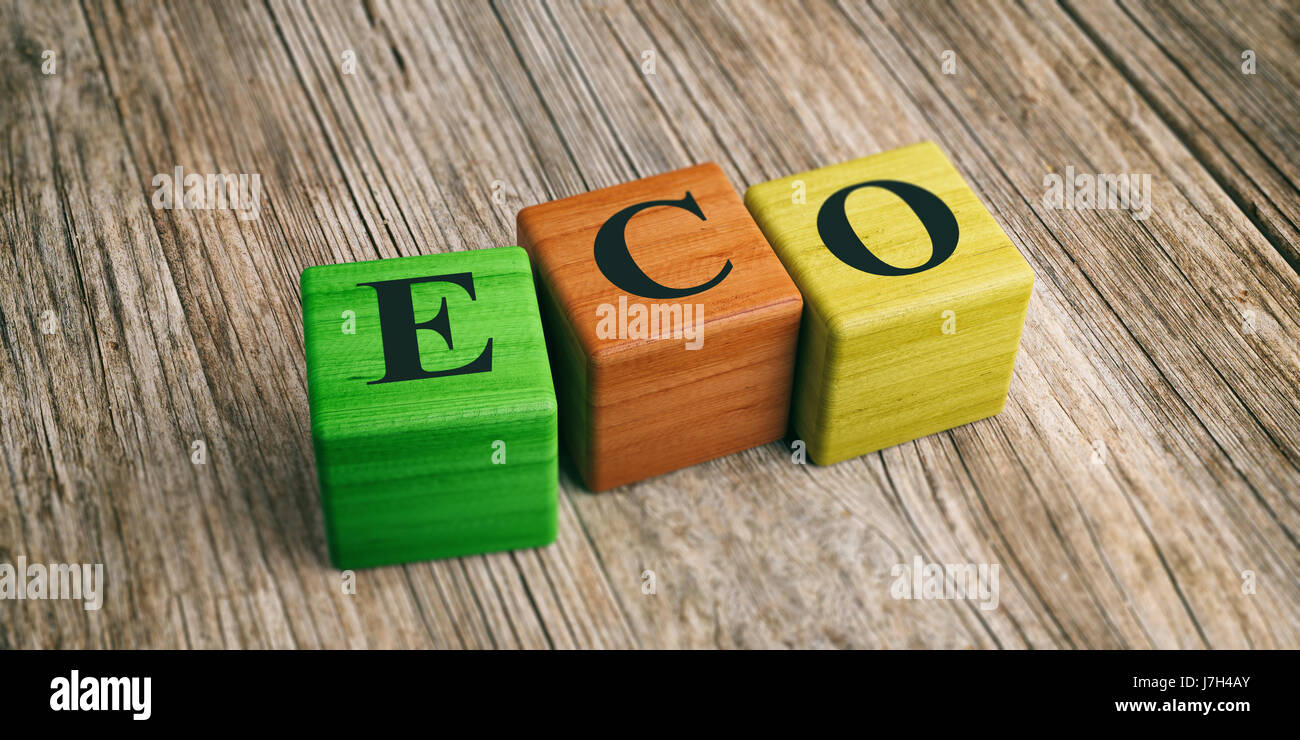 Wort-Eco auf Holzklötze und hölzernen Hintergrund. 3D illustration Stockfoto