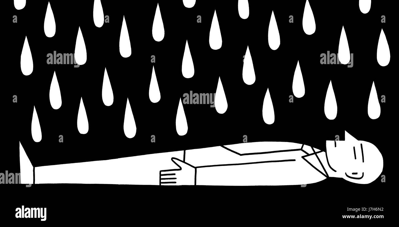 Wenn es gießt. Ein Mann trug ein Hemd und Krawatte liegt auf dem Rücken während Seins regnete auf. Eine Hand gezeichnet schwarz / weiß Darstellung. Stockfoto
