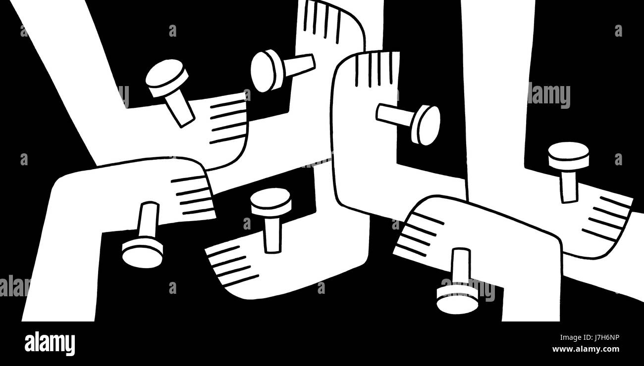 Wir sind eins. Eine Reihe von Füßen trat zusammen mit Nägel. Eine Hand gezeichnet schwarz / weiß Darstellung. Stockfoto