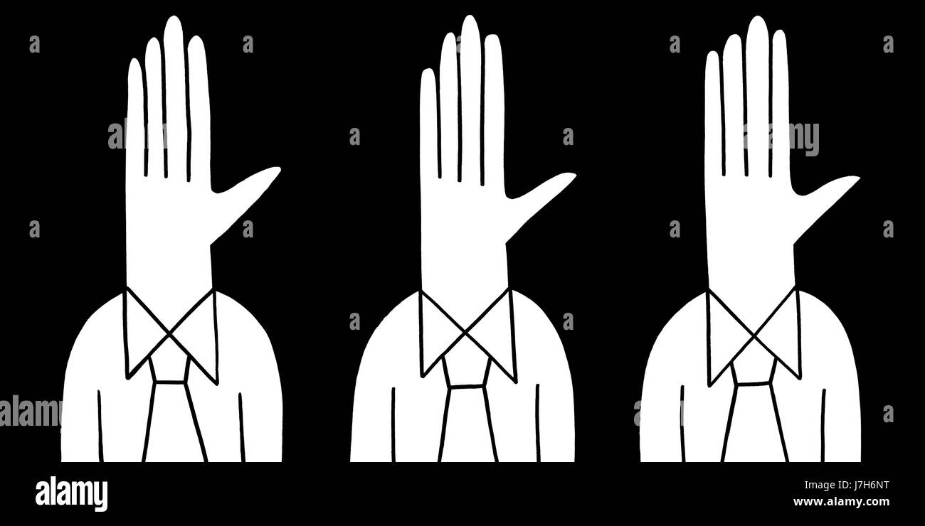 Hände hoch. Drei Charaktere tragen Hemden und Krawatten haben alle Hände für Köpfe.  Eine Hand gezeichnet schwarz / weiß Darstellung. Stockfoto