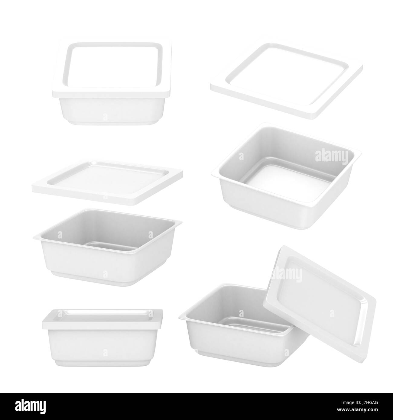 Weißen quadratischen Kunststoff-Behälter zur Herstellung von Lebensmitteln wie frischen Lebensmitteln, Fertiggerichten oder Tiefkühlkost. Vorlage für Ihr Design oder Grafik, clipping-p Stockfoto