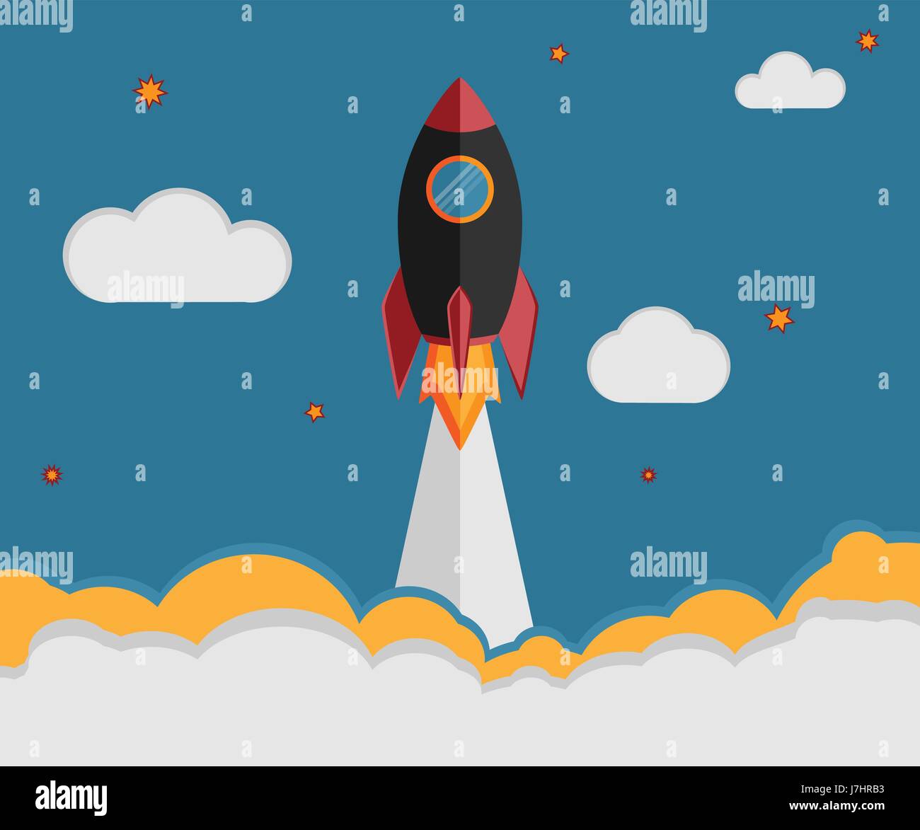 Beispiel für eine Rakete in flachen Vektor-Stil. Raumfahrt, Business Start Symbol oder eine neue Projektentwicklung. Kreative Idee und Management co Stock Vektor