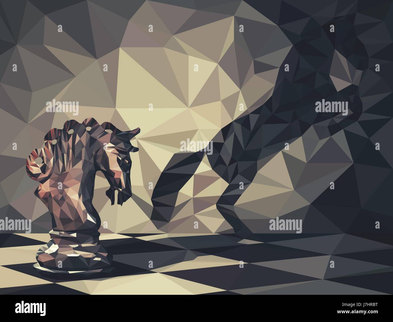 Low-Poly 3D-Design Ritter Schach Stück wirft einen Schatten eines wilden Pferdes an der Wand. Vektor-Triangulation, Symbol des geschäftlichen Bestrebungen und Führer Stock Vektor