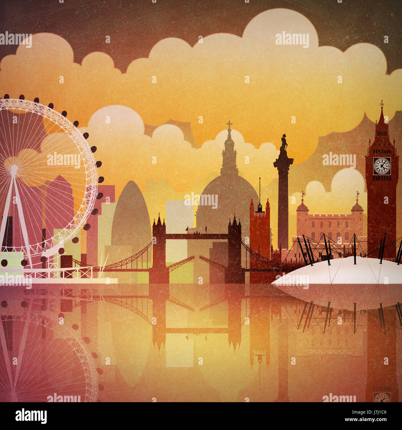 London City Stadt Vintage Illustration London Parlament Skyline chaotisch Großbritannien Stockfoto