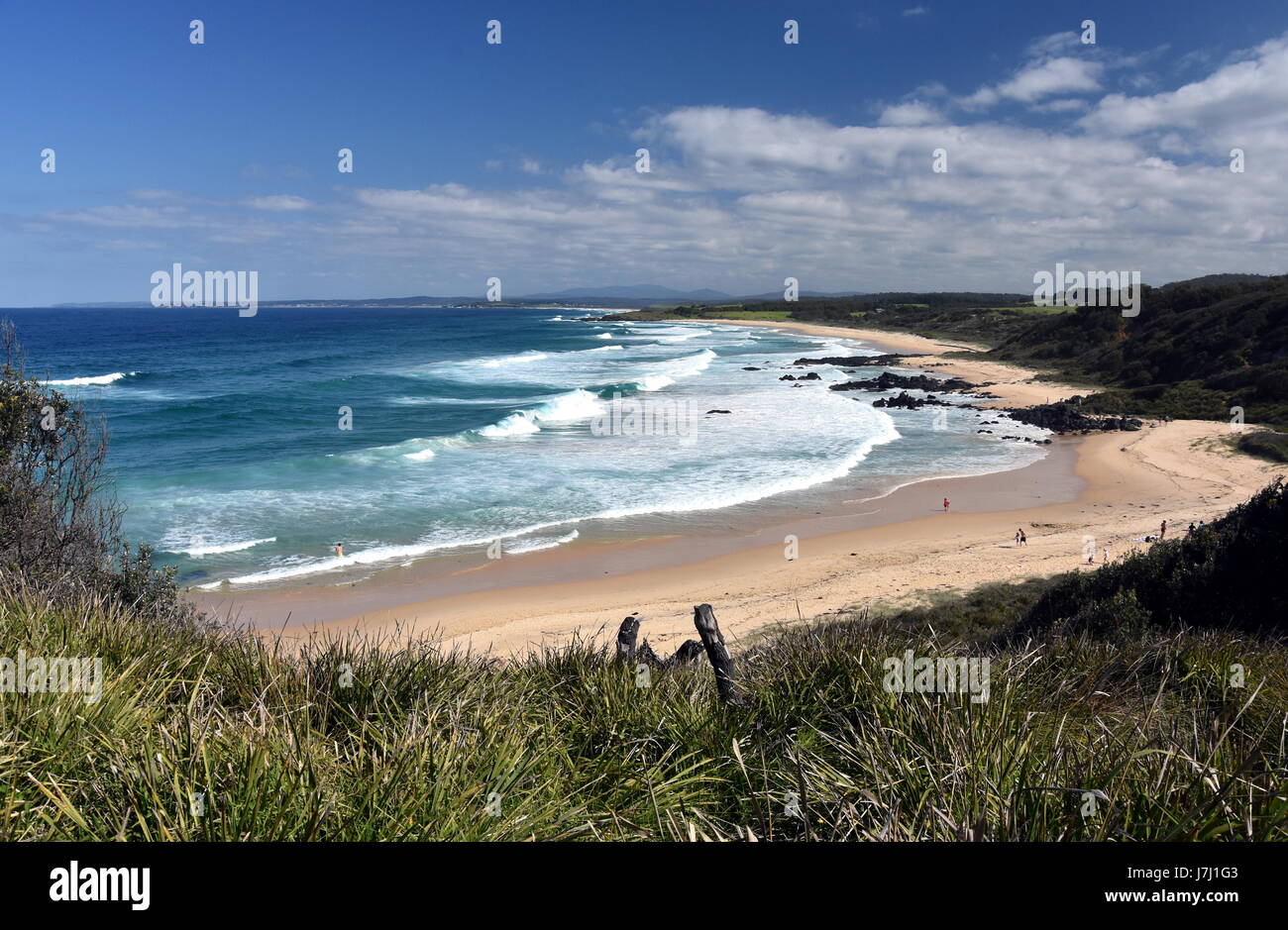 1080 Strand im Eurobodalla National Park in der Nähe von Mystery Bay auf der weit Süd Küste von New South Wales ist ein großartiger Ort zum Surfen, Angeln und picknicken mit Blick Stockfoto