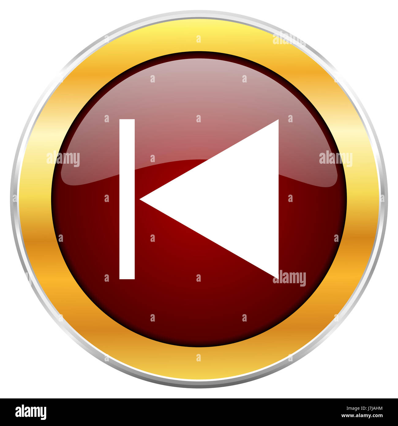 Prev-rote Web-Symbol mit goldenen Rahmen isoliert auf weißem Hintergrund. Runde glänzende Knopf. Stockfoto