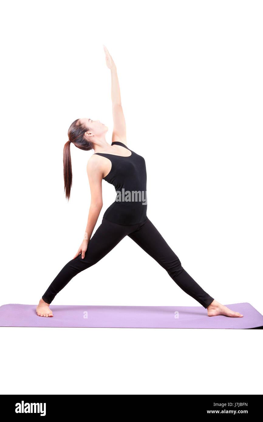 asiatische Frau Gesundheitswesen Yoga Entsendung isolierten weißen Hintergrund Stockfoto