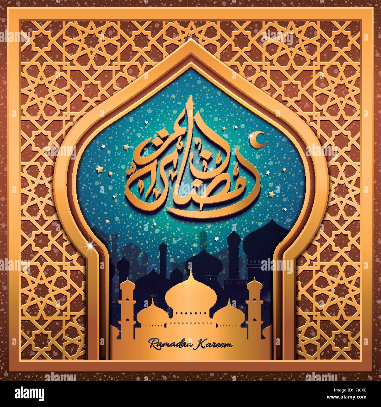 Ramadan Kareem Kalligraphie-Design in Zwiebel geformten Rahmen, mit Nachthimmel und Moscheen Stock Vektor