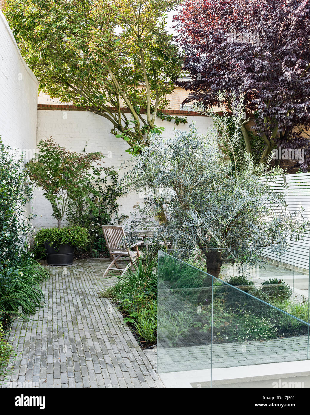 Weiß bemalten Wänden und helle horizontale Holz Rankgitter im Garten mit traditionellen Vande Moortel Fertiger. Landschaftsbau Garten Hersteller. Stockfoto