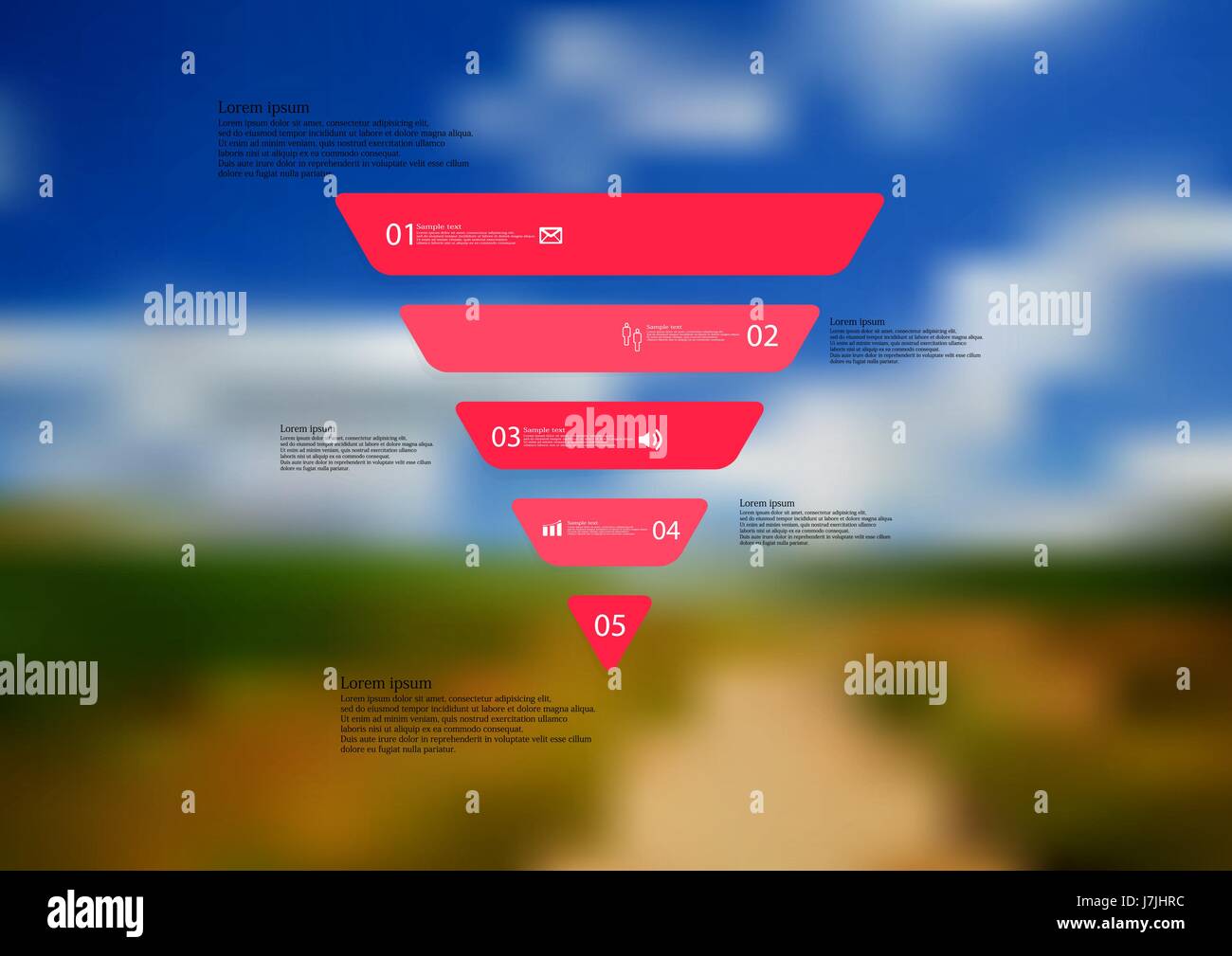 Illustration-Infografik-Vorlage mit dem Motiv des Dreiecks horizontal aufgeteilt auf fünf eigenständige rote Abschnitte mit einfachen Zeichen, Nummer und Beispieltext Stock Vektor