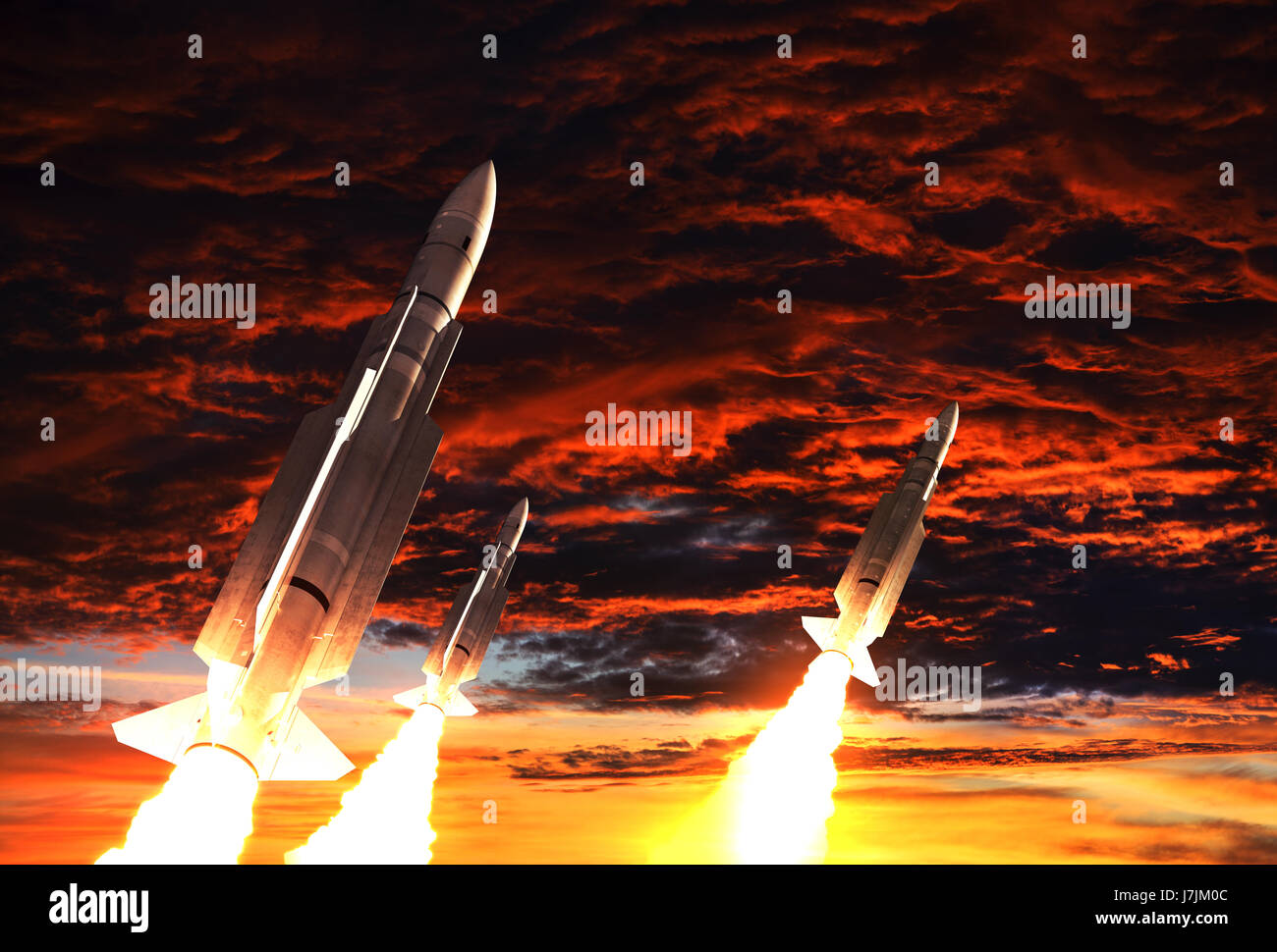 Drei Raketen auf dem Hintergrund der apokalyptischen Himmel zieht. 3D Illustration. Stockfoto