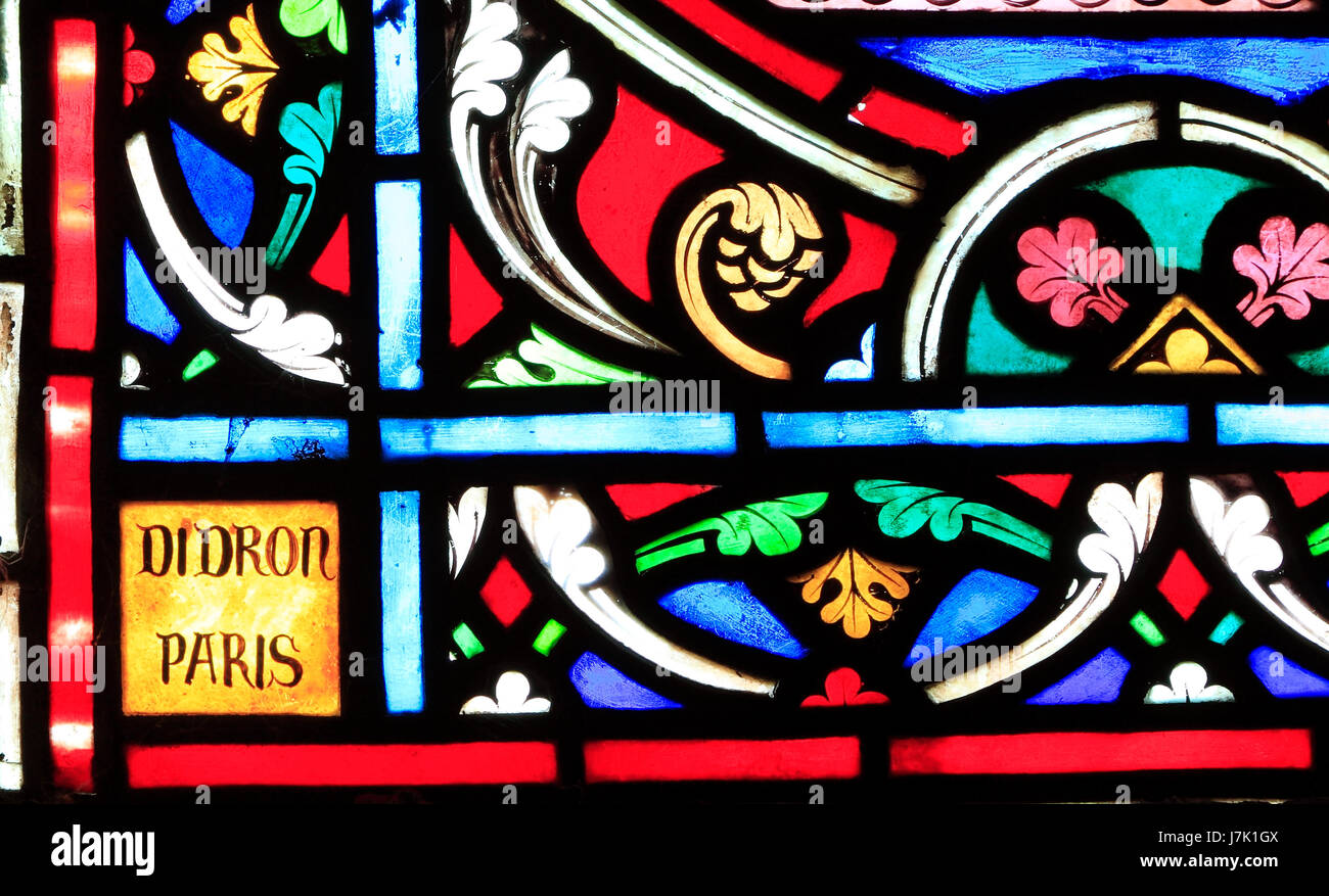 Adolph Didron von Paris, Unterschrift, Name auf Glasfenster, 1859, Feltwell Kirche, Norfolk, England, Vereinigtes Königreich, Designer, Künstler Stockfoto