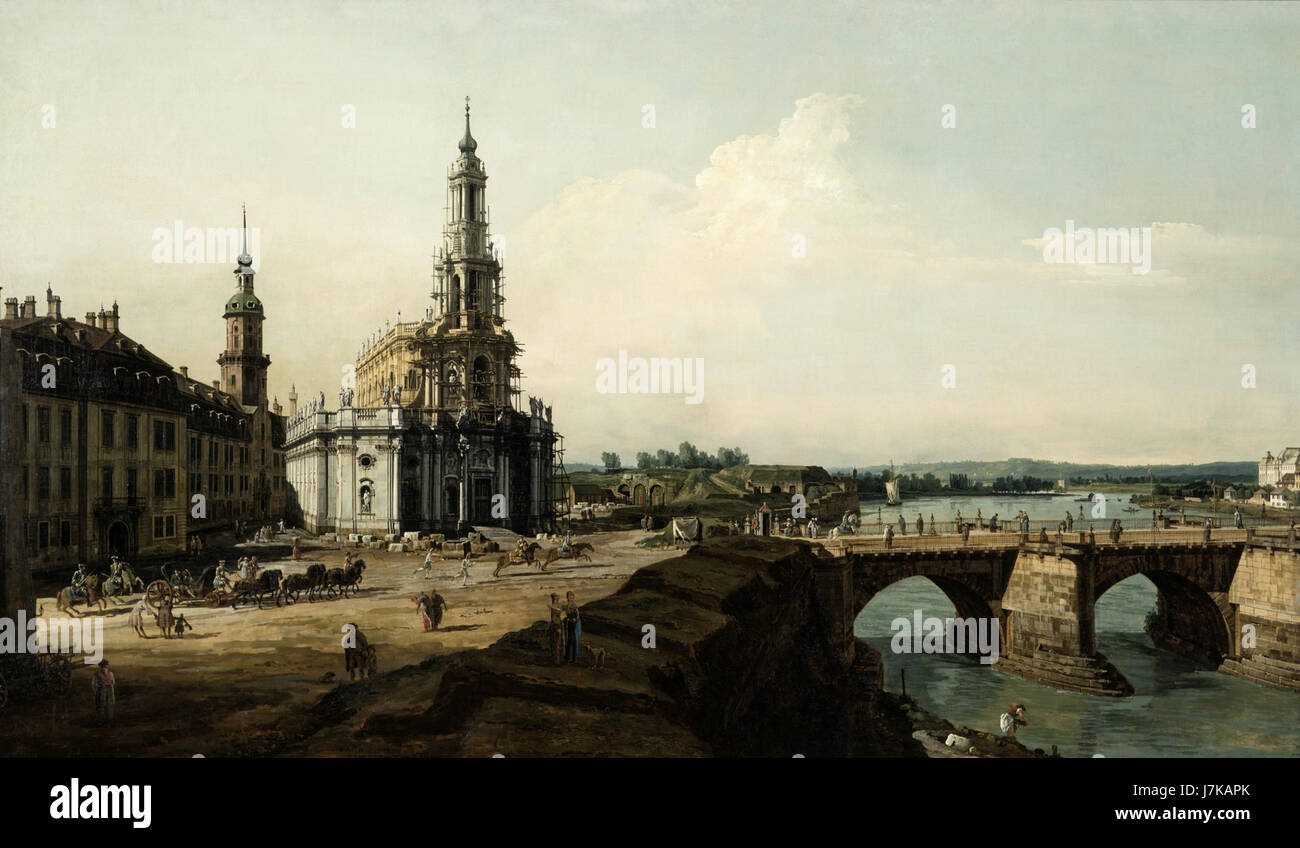 Bernardo Bellottos Ätzung „Blick auf Dresden vom linken Elbufer“ aus dem Jahr 1747 fängt einen Panoramablick auf Dresdens Stadtbild ein und betont horizontale Linien. Dieses Werk ist Teil der Serie „Raccolta di vedute della Citta di Dresda“. Stockfoto