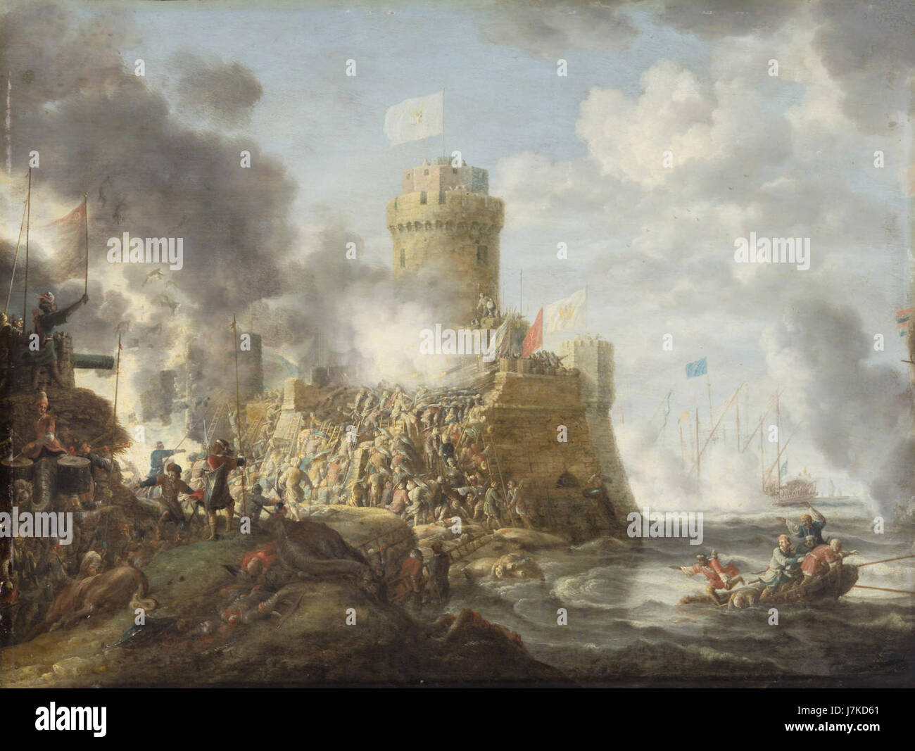 Bonaventura Peeters (I) stellt eine historische Szene dar, in der die Türken einen Hafen stürmen, was wahrscheinlich Ereignisse in der Geschichte des Mittelmeers in der Frühen Neuzeit widerspiegelt. Stockfoto