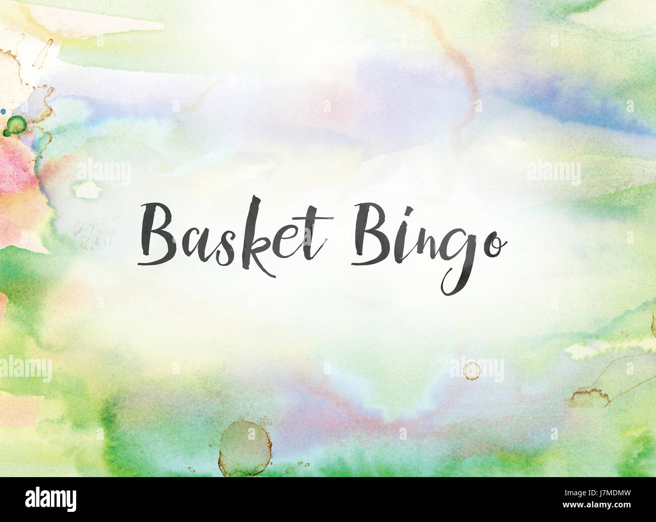 Die Wörter Korb Bingo Konzept und das Thema auf einem bunt bemalten  Aquarell Hintergrund in schwarzer Tinte geschrieben Stockfotografie - Alamy
