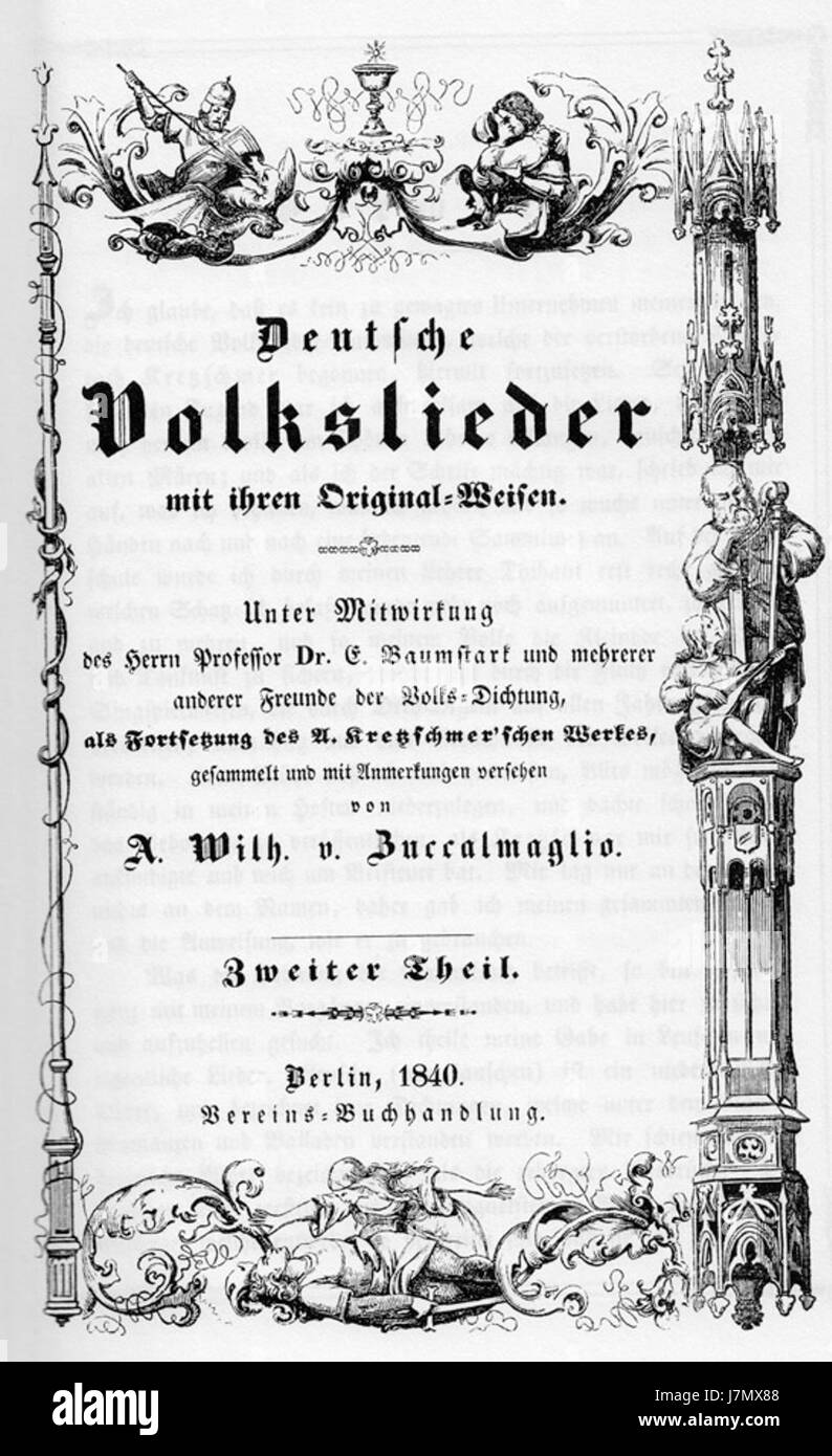 Ein Buch mit dem Titel „Volkslieder“, das sich auf eine Sammlung von Volksliedern bezieht. Stockfoto