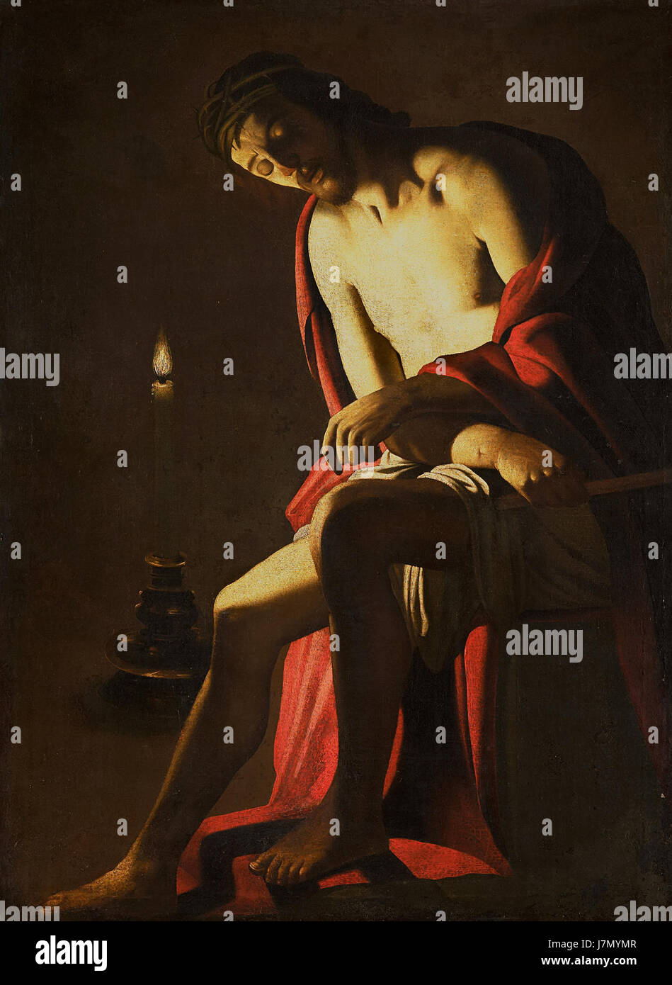 Christus op de koude steen (Christus auf dem kalten Stein) ist ein Gemälde im Rijksmuseum, das Christus in einem Moment der feierlichen Besinnung darstellt. Die Arbeit betont emotionale Intensität und religiösen Symbolismus. Stockfoto