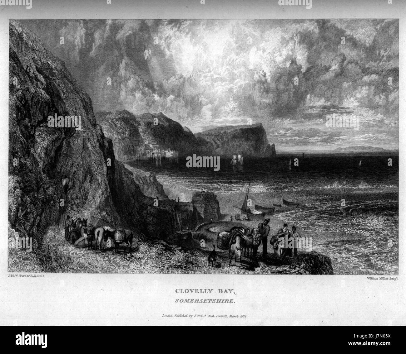 Dieser Kupferstich von William Miller, der auf einem Werk von J.M.W. Turner basiert, zeigt Clovelly Bay und zeigt die natürliche Schönheit der englischen Küste durch Kunst. Stockfoto