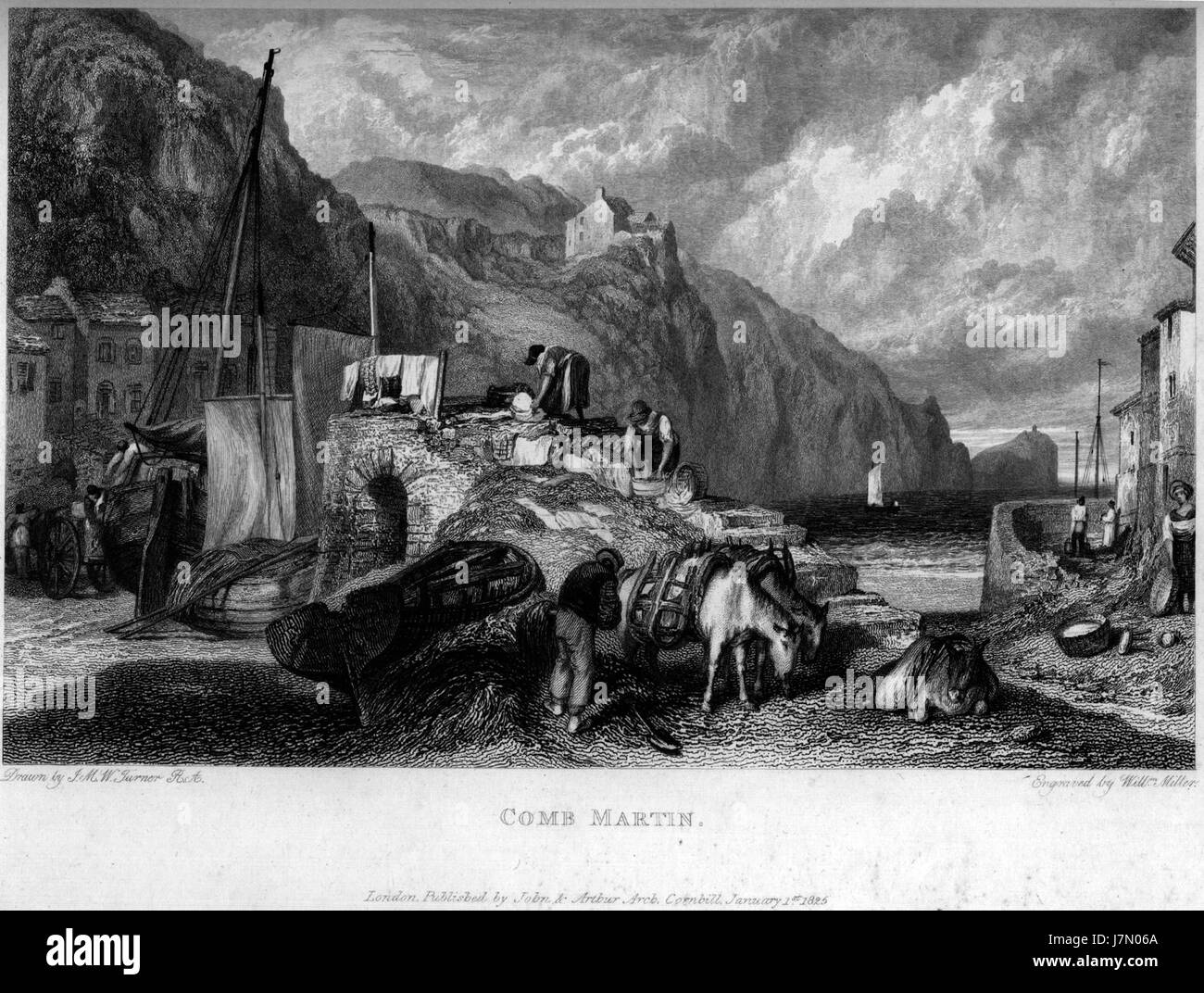 Ein Kupferstich von Comb Martin nach einem Gemälde von Joseph Mallord William Turner. Das Werk zeigt Turners romantischen Landschaftsstil und fängt die Küstenlandschaft von Comb Martin ein, einem Dorf in North Devon, England. Stockfoto