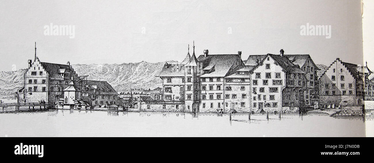 Das Bullinger Stadthaus Kratz bezieht sich wahrscheinlich auf ein historisches oder architektonisches Gebäude im deutschsprachigen Raum, das möglicherweise mit der Familie Bullinger in Verbindung steht oder mit Stadthaus und Kratz (evtl. Familienname oder Bezeichnung) in Verbindung steht. Es wäre ein weiterer Kontext erforderlich, um die Einzelheiten zu bestätigen. Stockfoto