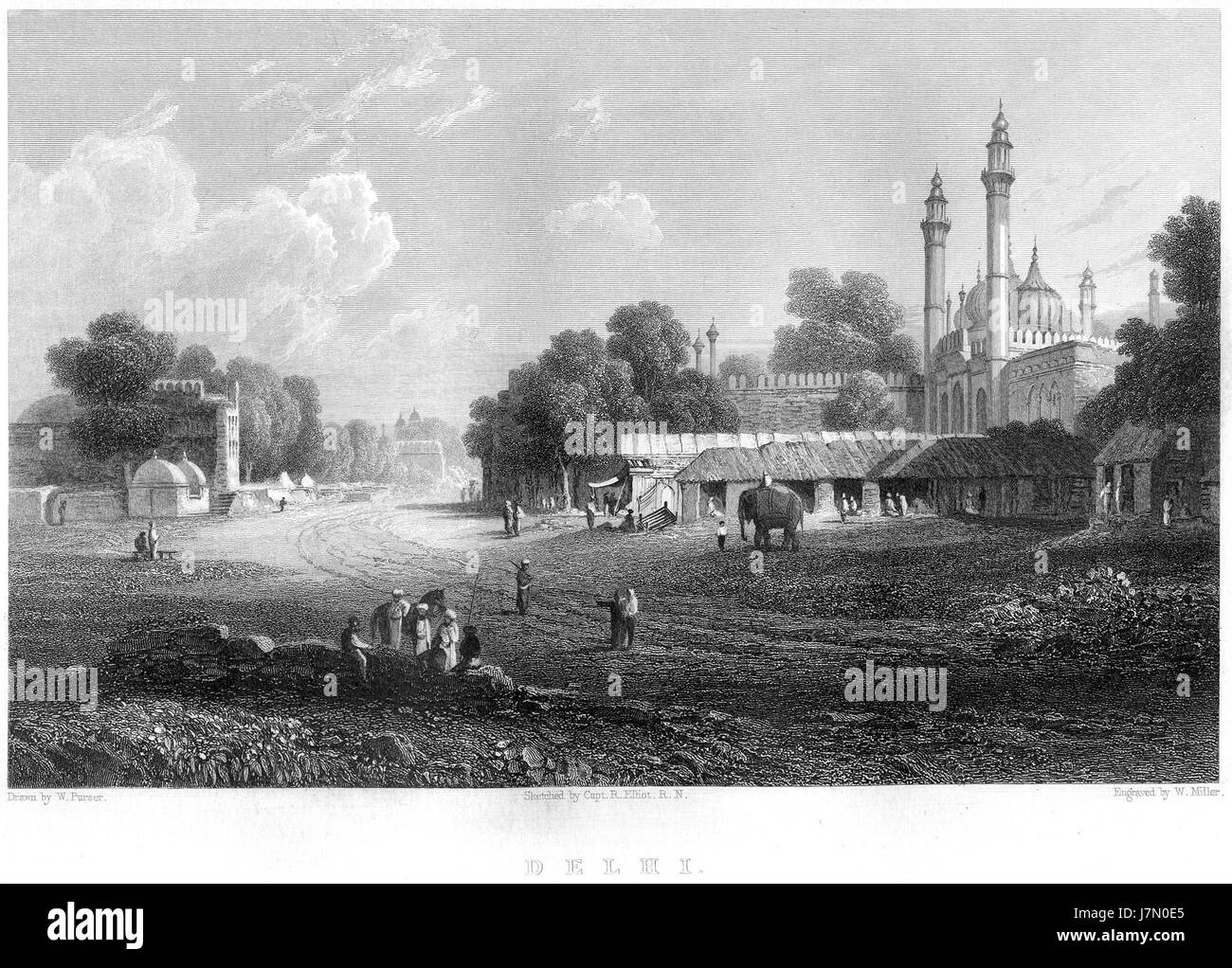 Dieser Stich von Delhi, der von William Miller nach W. Purser erstellt wurde, zeigt eine historische Ansicht der indischen Stadt, wahrscheinlich aus dem 19. Jahrhundert, die ihre Architektur und Landschaft widerspiegelt. Stockfoto