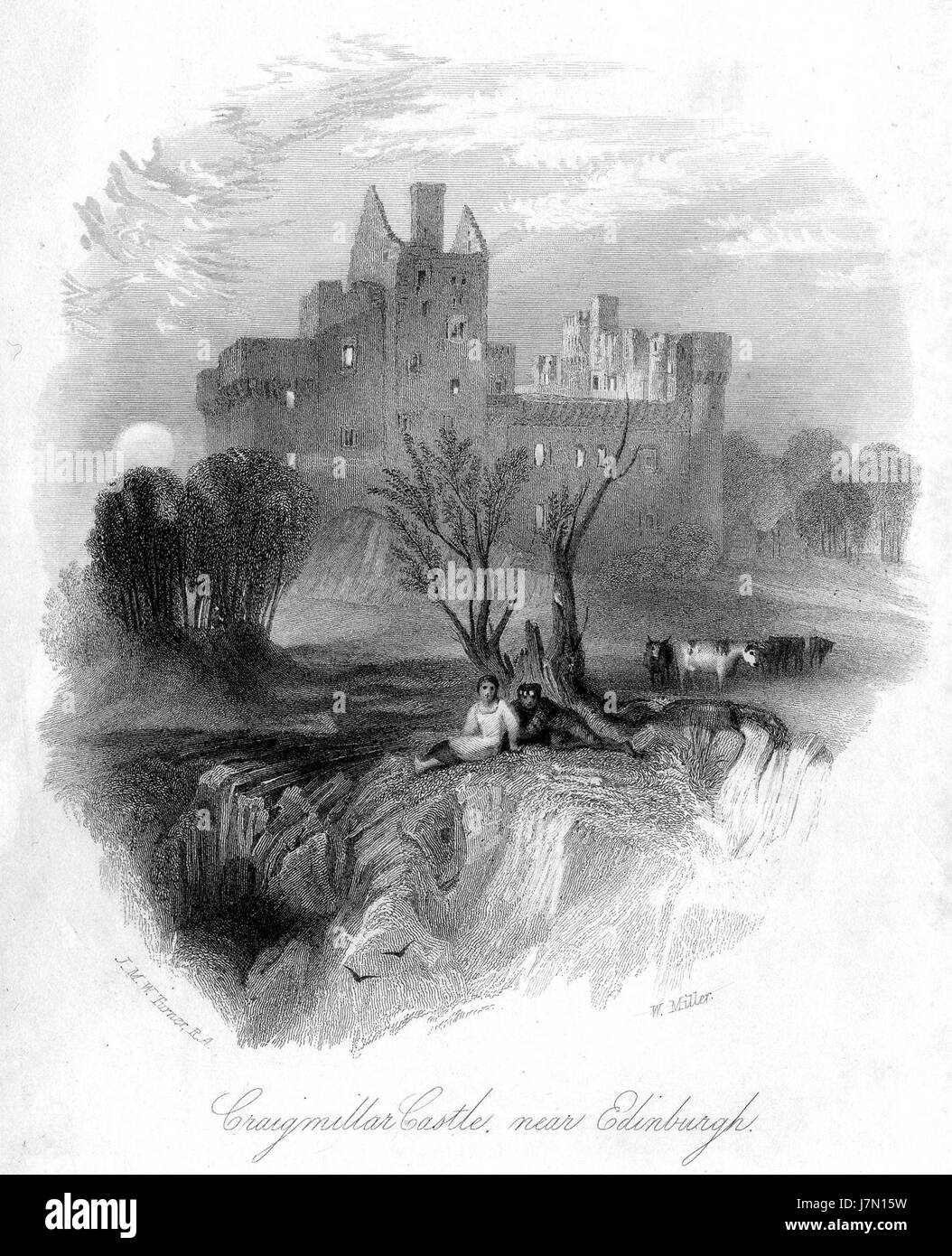 Dieser Stich von Craigmillar Castle wurde von William Miller nach einem Entwurf von J.M.W. Turner erstellt. Das Kunstwerk zeigt die historische schottische Burg und erfasst die architektonischen Besonderheiten und die umliegende Landschaft im Detail. Stockfoto