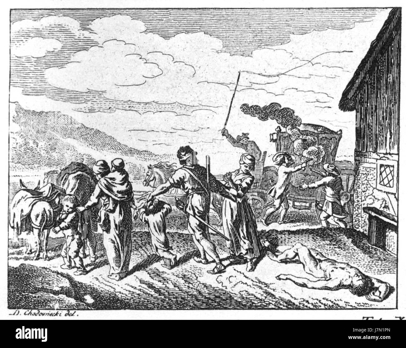 Chodowiecki Basedow Tafel 32 c bezieht sich auf ein Werk des deutschen Künstlers Daniel Chodowiecki, insbesondere auf die 32. Platte aus der Serie Basedow. Dieser Stich ist Teil der Chodowieckiâ-Erforschung der deutschen Kultur und Bildung des 18. Jahrhunderts. Stockfoto
