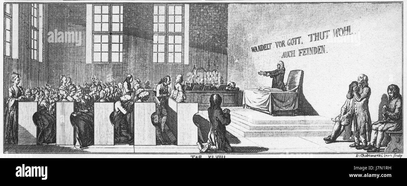 Das Stück Chodowiecki Basedow Tafel 48 c bezieht sich wahrscheinlich auf eine historische Illustration oder einen Stich von Daniel Chodowiecki. Es ist Teil einer Serie, die die Werke des Pädagogen Basedow illustriert, die Bildungsreformen und Aufklärungsideale darstellte. Stockfoto