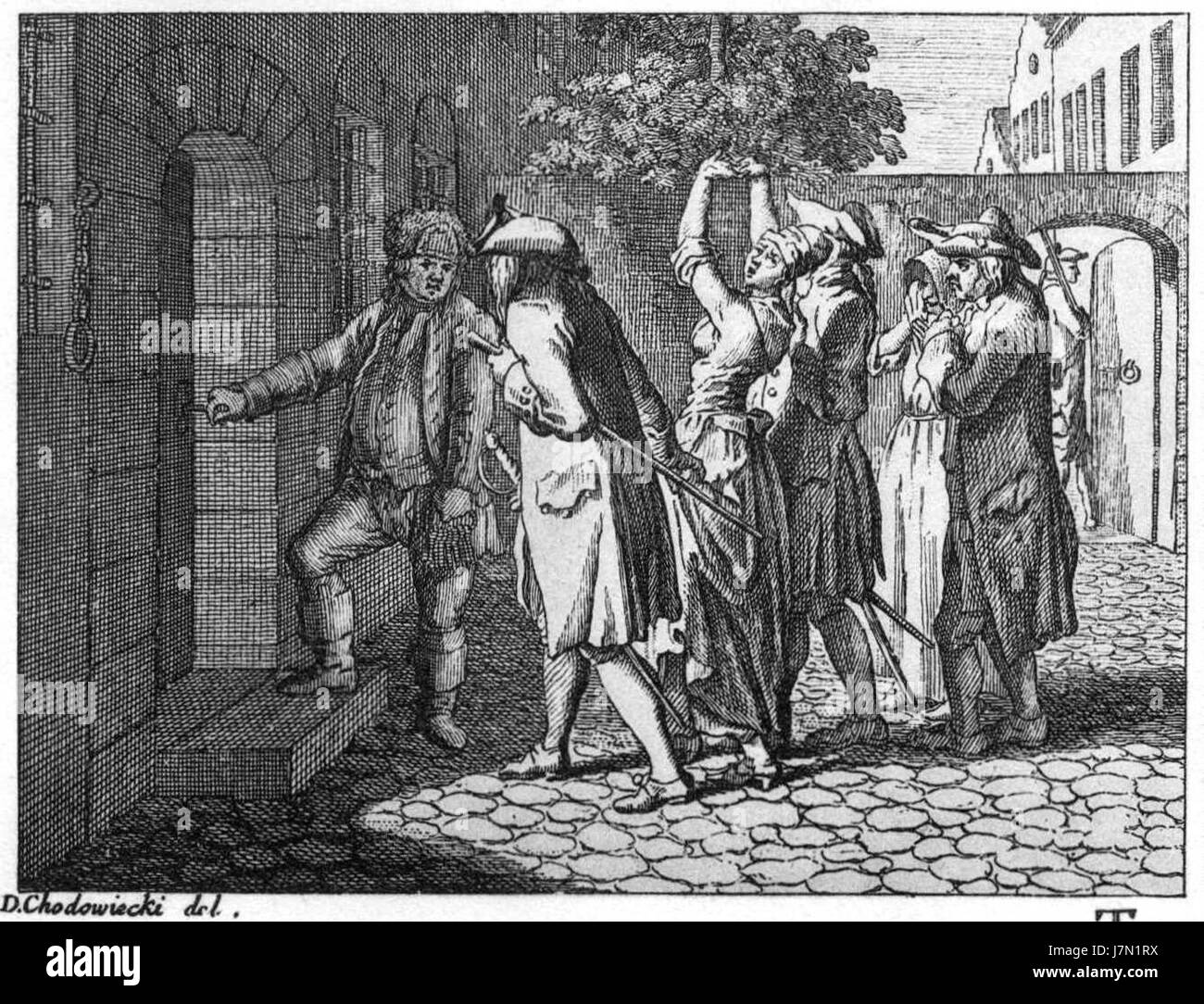 Chodowieckis „Basedow Tafel 51“ ist ein Werk von historischer Bedeutung und bezieht sich wahrscheinlich auf eine Reihe von Illustrationen oder Platten, die mit einem bestimmten Thema verbunden sind. Die Arbeiten spiegeln den detaillierten Ansatz der artistâ für die Repräsentation mit kulturellen oder pädagogischen Themen wider. Stockfoto
