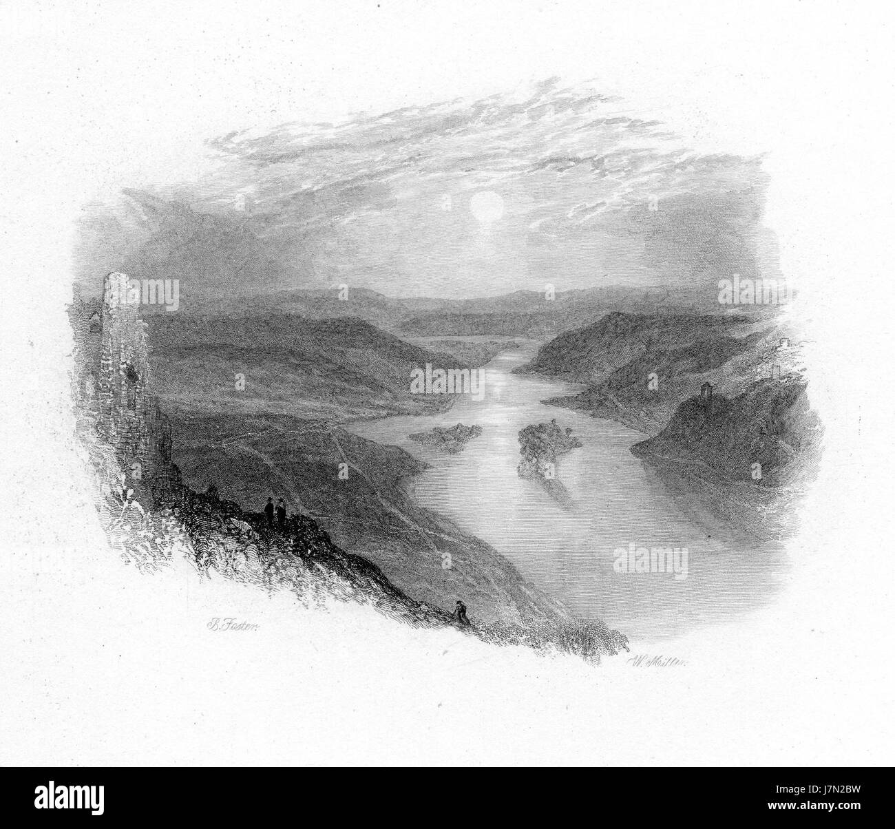 Dieser Kupferstich „Er blickte auf den Rhein“ wurde von William Miller nach einem Werk von Birket Foster erstellt. Es zeigt einen malerischen Blick auf den Rhein, ein bedeutendes Naturdenkmal in Europa. Stockfoto