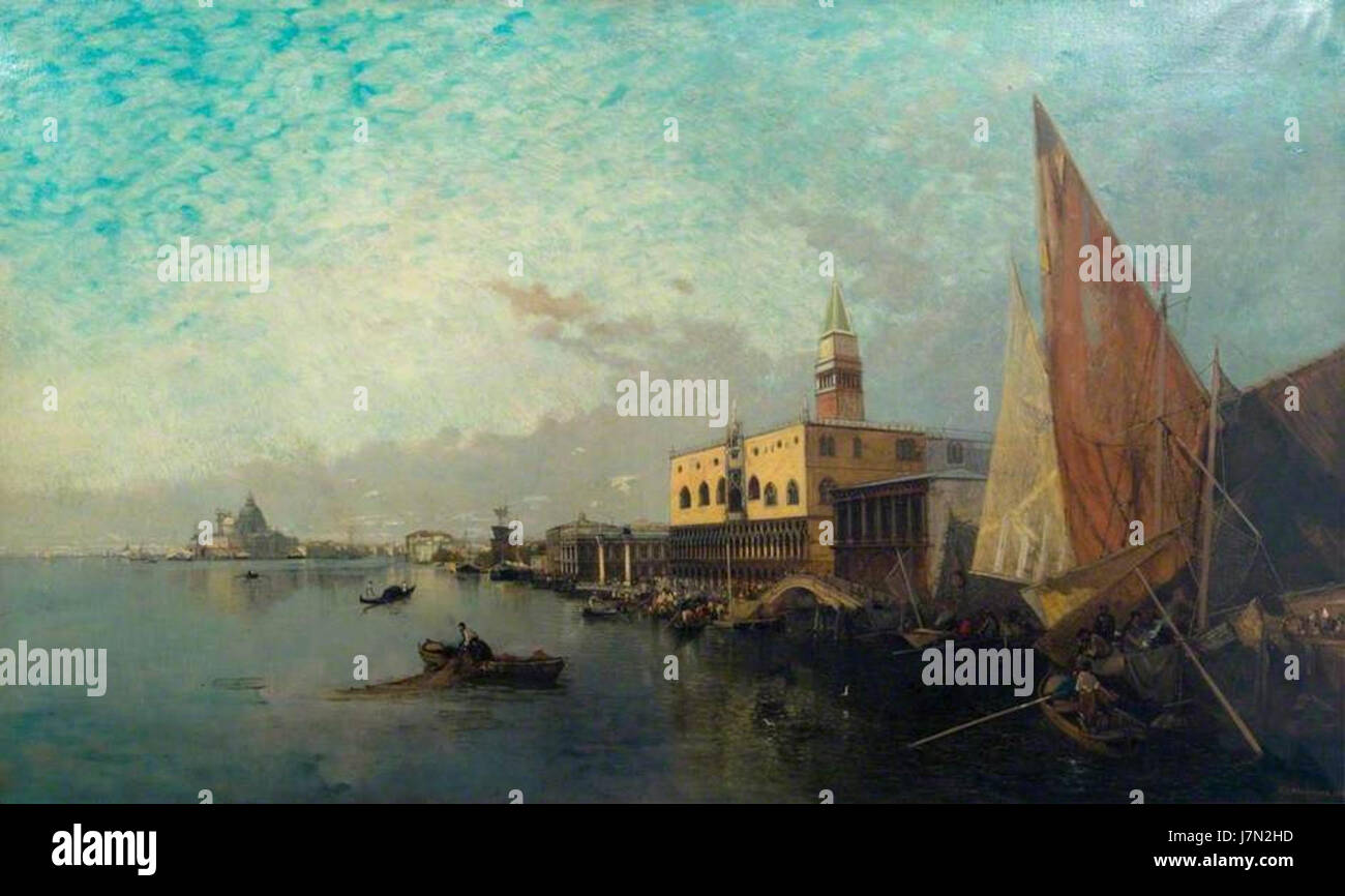 Eine historische Darstellung oder ein Gemälde von Carl von Malchus, die die Stadt Venedig im Jahr 1881 darstellt. Das Werk fängt wahrscheinlich die ikonischen Kanäle, die Architektur und das pulsierende Stadtleben Venedigs während des späten 19. Jahrhunderts ein. Stockfoto