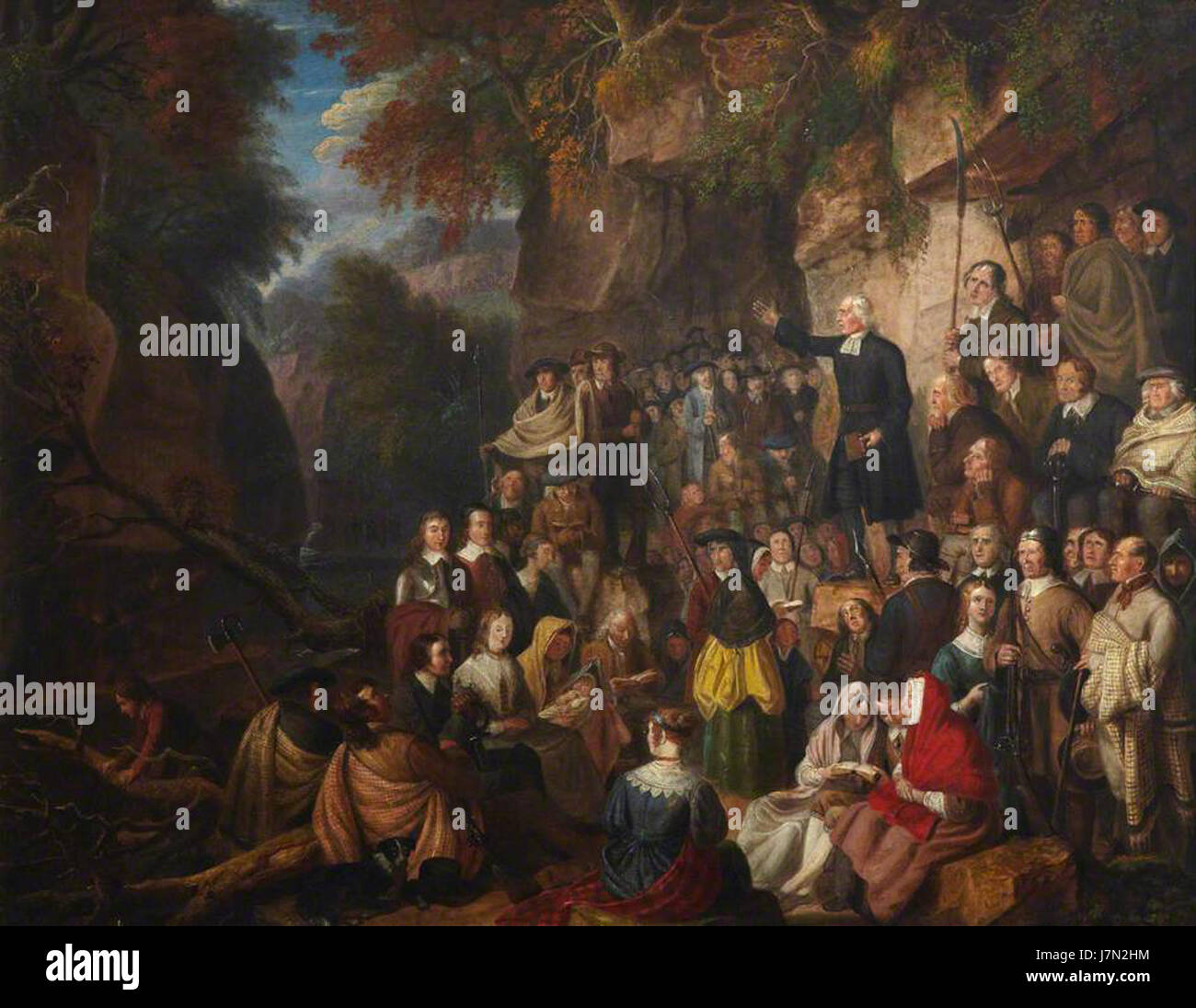 Die Covenanters in a Glen schildern einen historischen Moment in Schottland während des 17. Jahrhunderts und zeigen den religiösen Konflikt zwischen Covenantern und Regierungskräften während der Kriege der drei Königreiche. Stockfoto