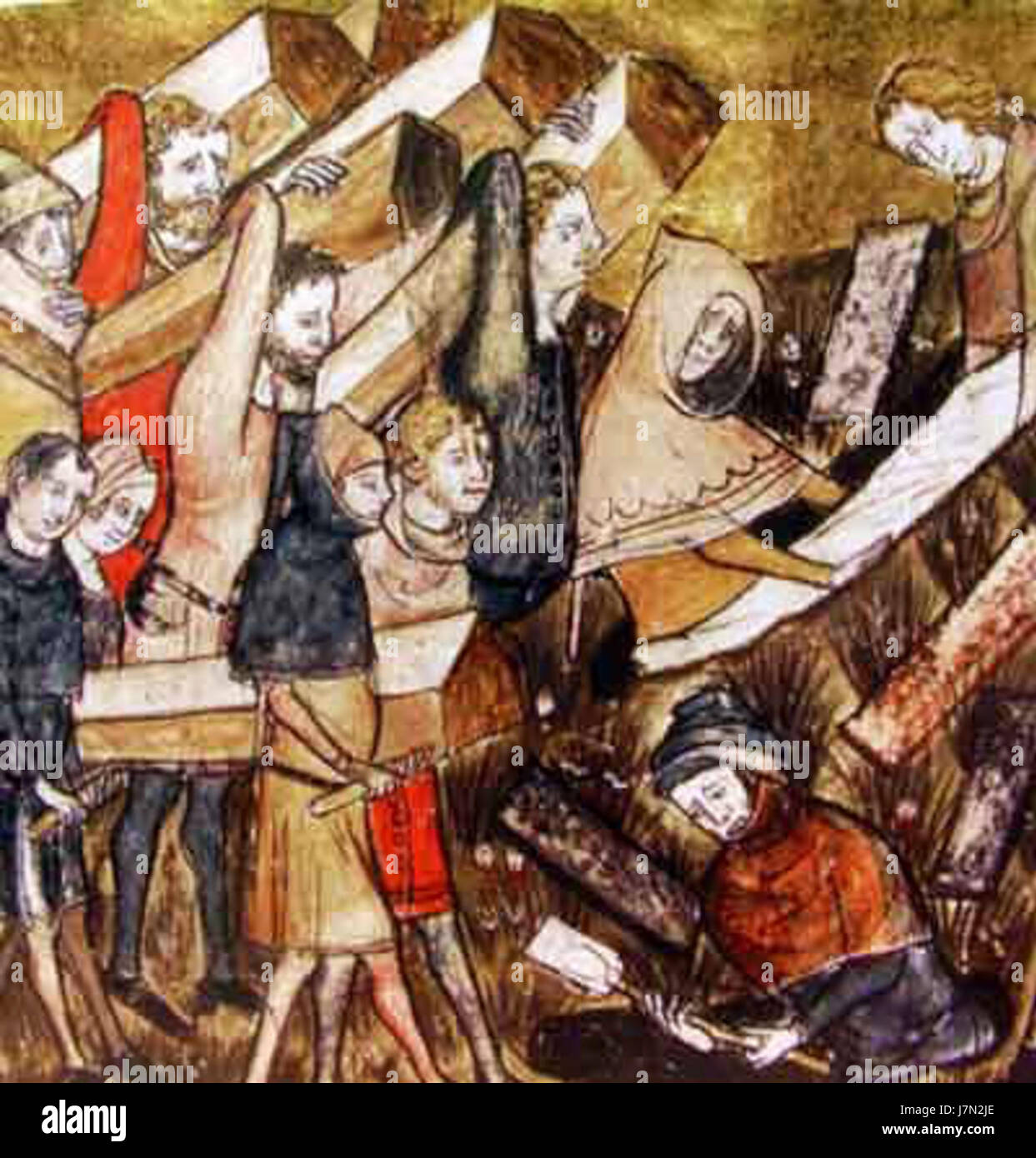 Diese historische Darstellung zeigt das Begräbnis von Pestopfern in Tournai, Belgien, während einer verheerenden Epidemie und zeigt die gesellschaftlichen Auswirkungen von Pandemien im mittelalterlichen Europa. Stockfoto