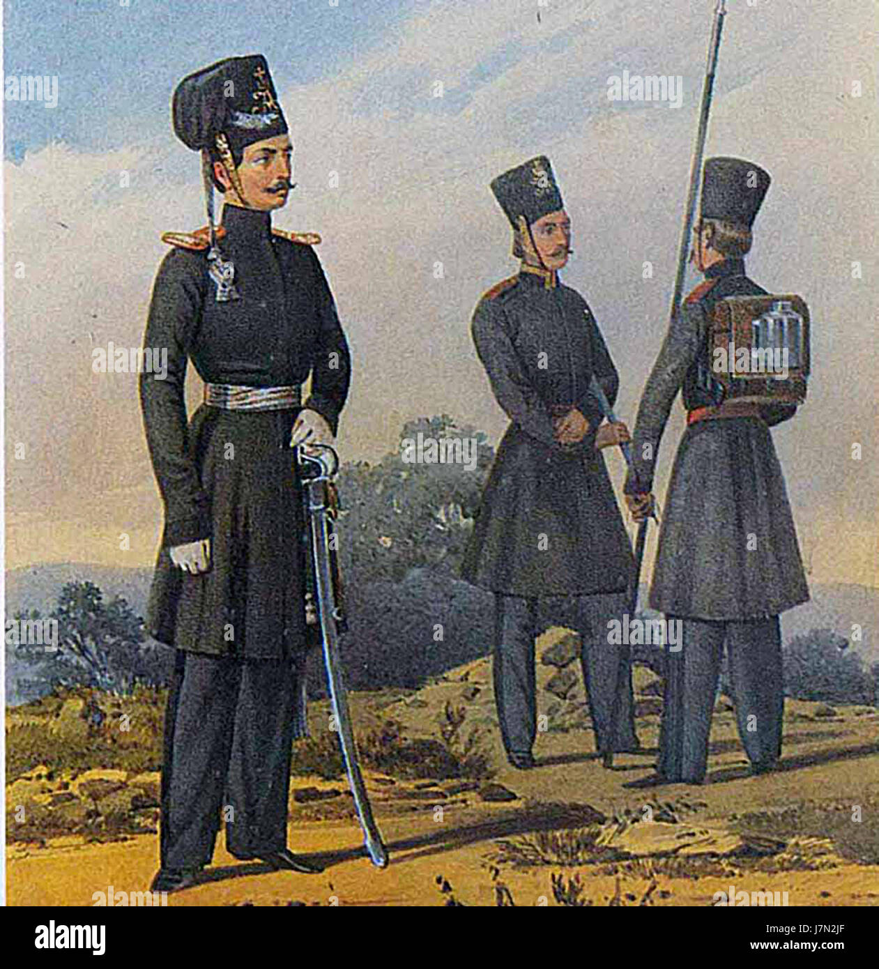 Der IV. HR Tulskoe opolchenie kazaki von 1812 bezieht sich auf die Teilnahme der russischen Kosaken am Vaterländischen Krieg von 1812. Die Tulskoe opolchenie war eine Gruppe freiwilliger Milizen aus der Region Tula, die gegen die französische Invasion Russlands kämpften. Ihre Beteiligung spielte eine wichtige Rolle bei der Verteidigung Russlands während der Napoleonischen Kriege. Stockfoto